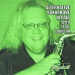 A man holding a saxophone with green background