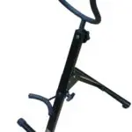 A SaxRax Bass Saxophone Stand with a handle on it.