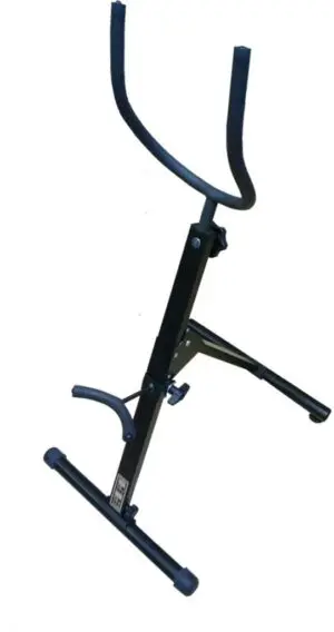 A SaxRax Bass Saxophone Stand with a handle on it.