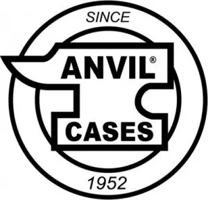 A black and white picture of an anvil cases logo