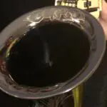 A person holding a bowl of liquid on top of a trombone.