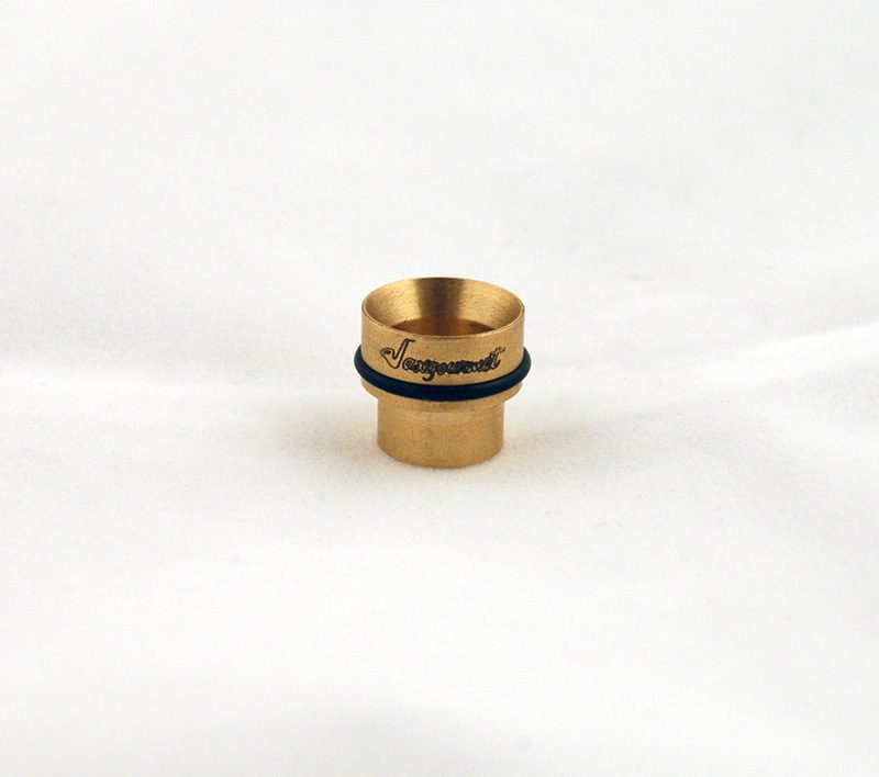A small Saxgourmet Alto Saxophone Neck Enhancer with a blue ring on it.