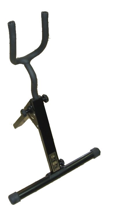 A black guitar stand on a white background.