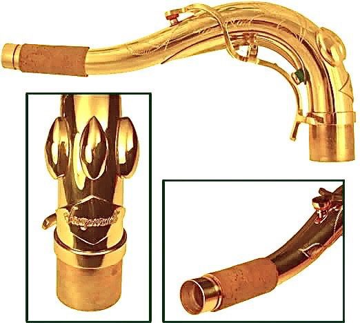 A Saxgourmet Gold Lacquered Tenor Neck for Selmer with a gold plated mouthpiece.